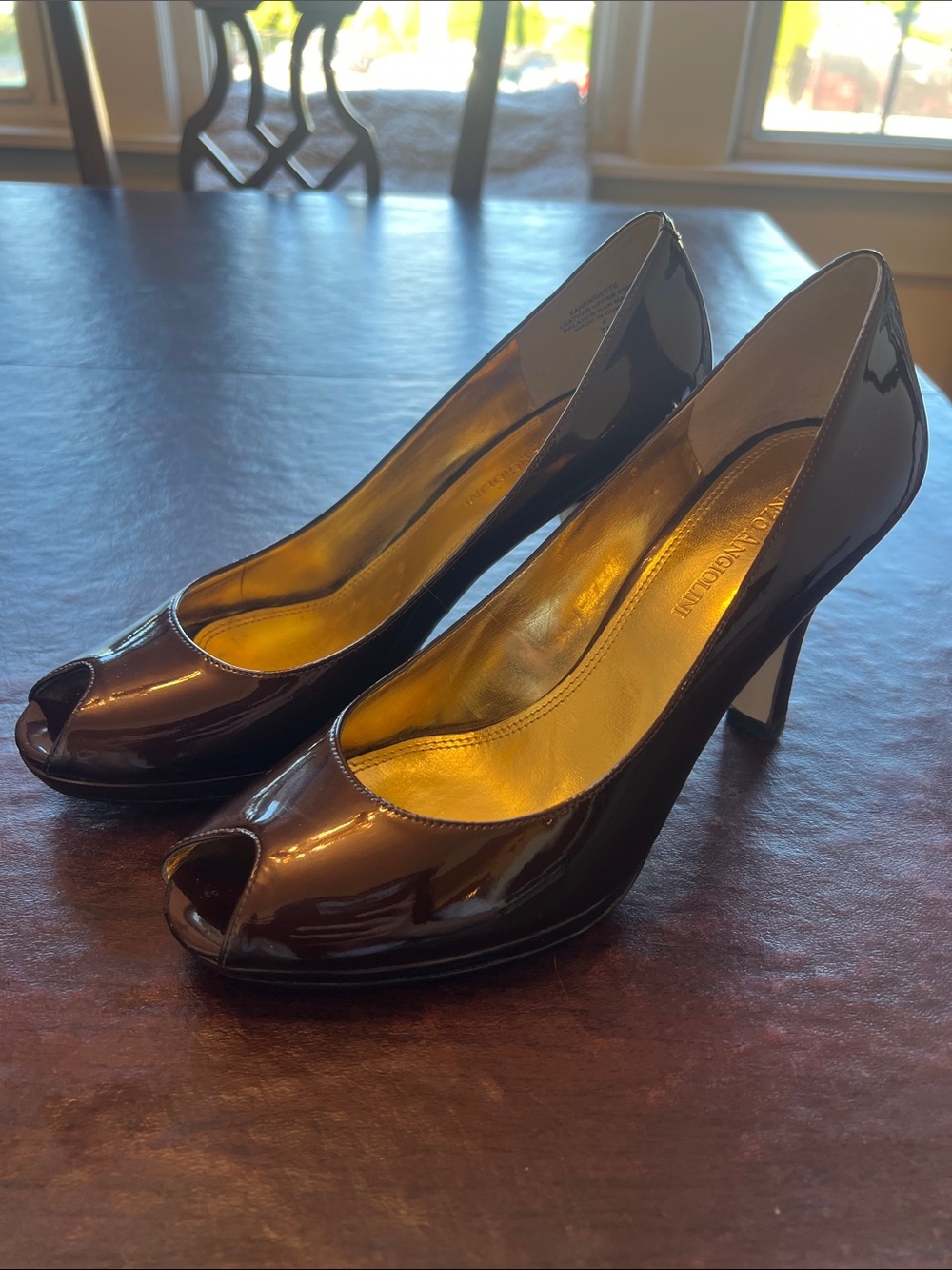 Enzo Angiolini Brown Patent Peep-Toe Heels